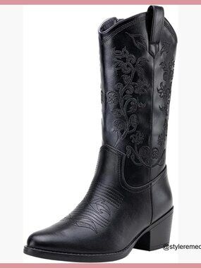 Faux Leather Embroidered Cowboy Boots with Inside Zipper Chunky Heel
